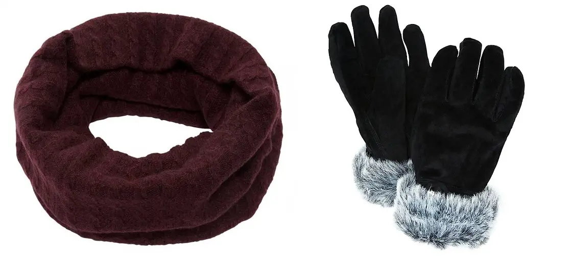 Brora Cashmere Fine Cable Snood and John Lewis Suede Faux Fur Trim Thermal Gloves