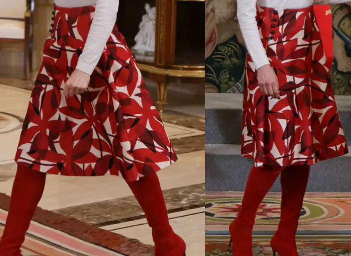 Queen Letizia Carolina Herrera Red Printed Skirt