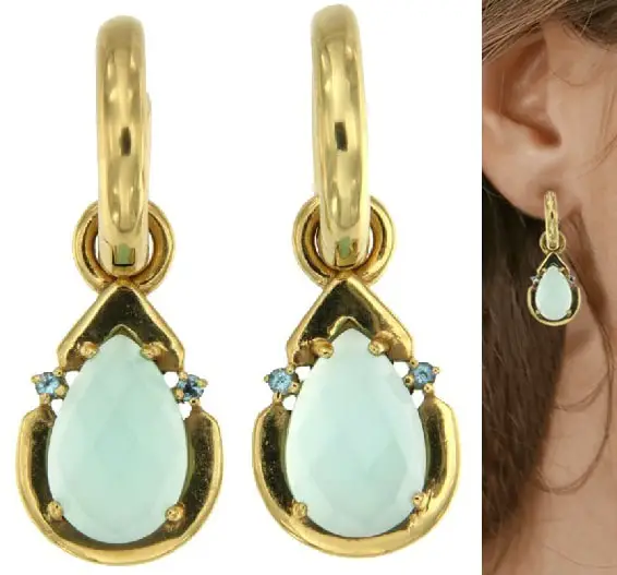 Chalcedony teardrop stone in a gold-plated setting with two topaz gems with gold hoops