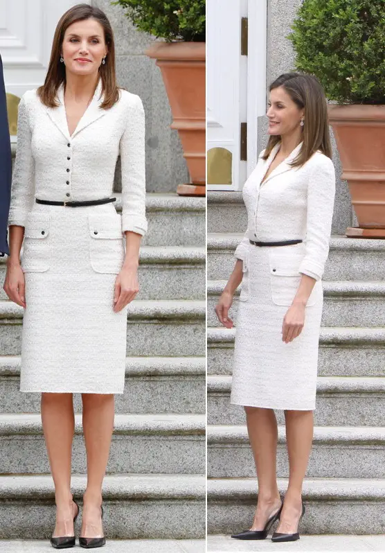 Letizia wore the white fitted tweed dress featuring a notched collar, silver snap button bodice and patch pockets at the front