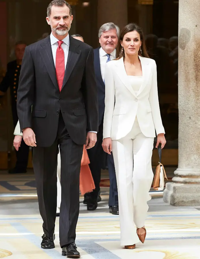 Radiant Queen Letizia in all white for Royal History Dictionary Presentation
