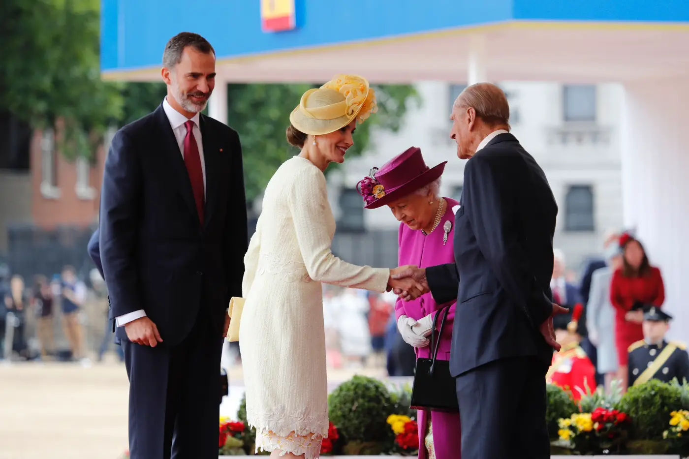 Spanish Monarch received a traditional English royal welcome from Queen Elizabeth II and Duke of Edinburgh