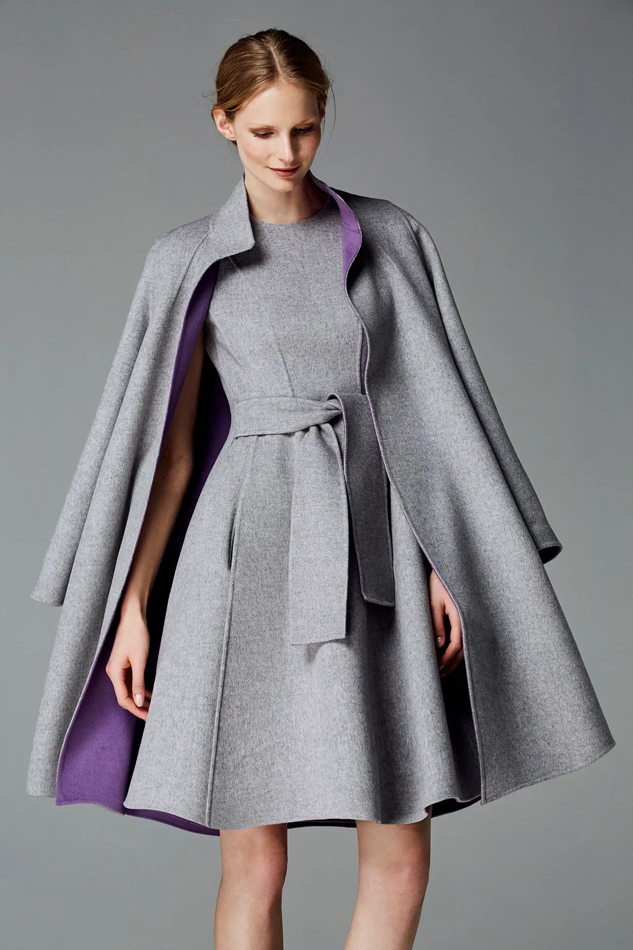 Queen Letiiza Carolina Herrera double wool gray-purple coat