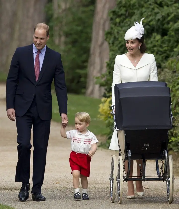 Duke and Dcuhess of Cambridge with Prince George at Princess Charlotte Christening