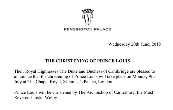Prince Louis Christening annoucement