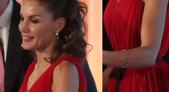 Queen Letizia diamond earrings and beaded bracelet at Princess Girona Foundation Awards 2018