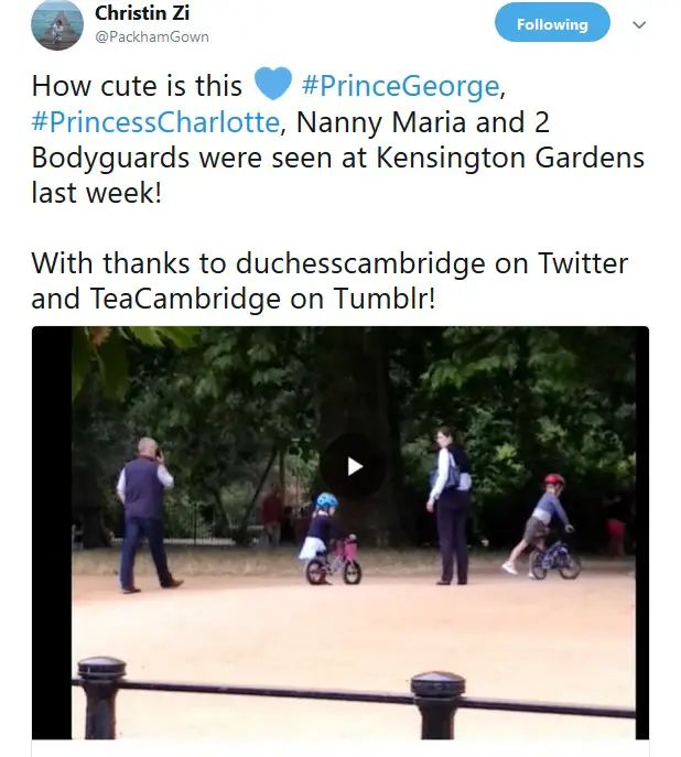 Prince George and Princess Charlotte riding bikes in kensignton garden