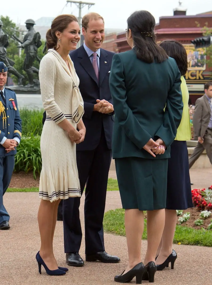 Duchess of cambridge wearing Alexander McQueen Dress with McQueen Navy suede pumps in Canada