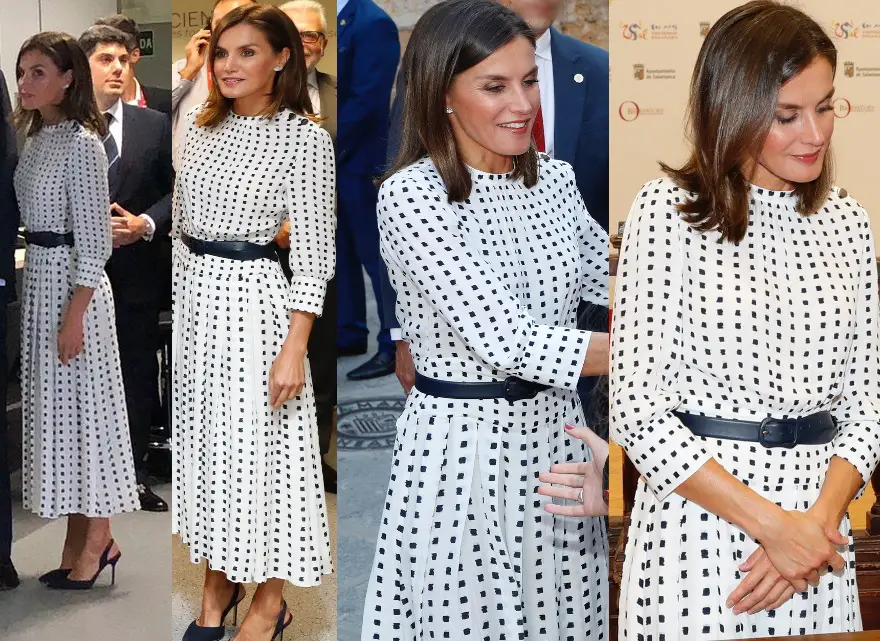 Queen Letizia wore Massimo Dutti Ivory pleated two tone print dress to Salmanca