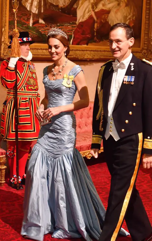 Duchess of Cambridge in Alexander McQueen ice blue gown at the State Banquet