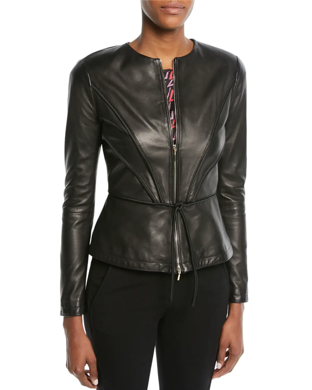 Emporio Armani Zip-Front Pleated Leather Jacket