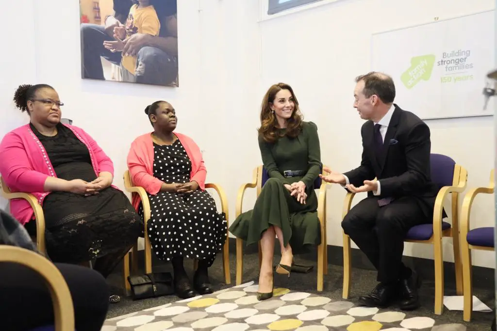 Duchess of Cambridge in Green beulah London to visit Family Action