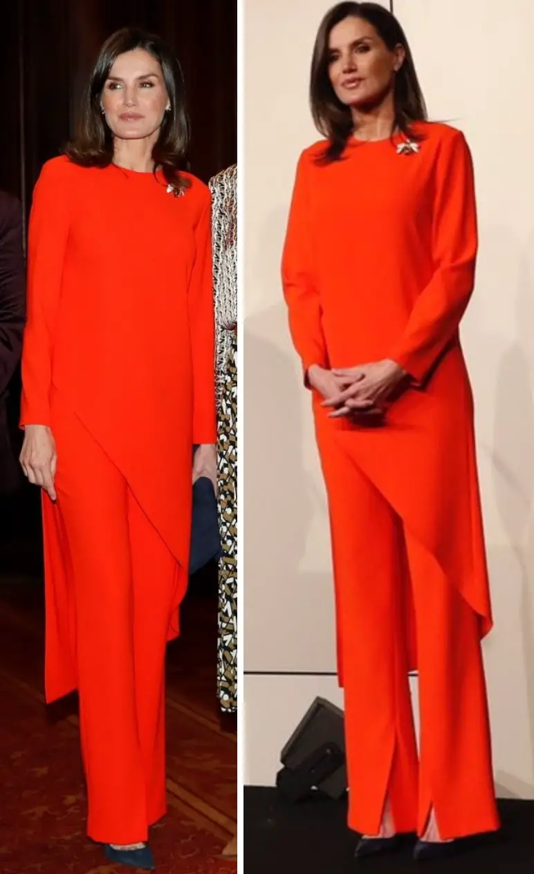 Queen Letizia wore orange red top and pants during Argentina visit