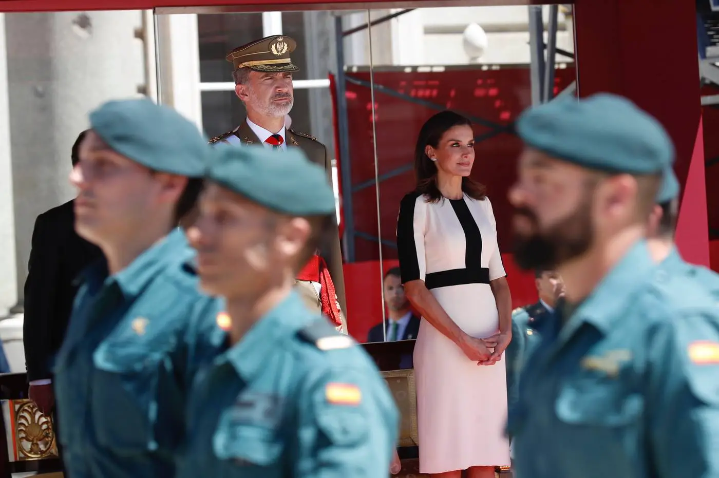 Queen Letizia in two tone carolina Herrera dress at Civil guards anniversary