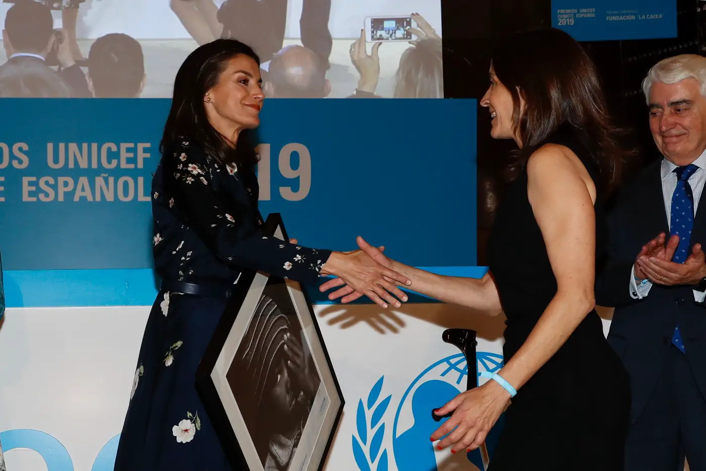 Queen Letizia at UNICEF Awards in Navy Massimo Dutti Dress