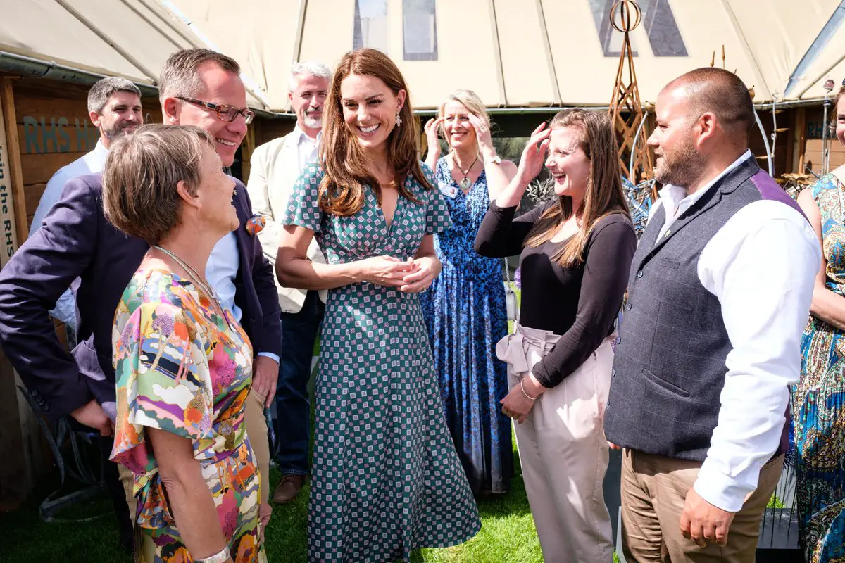 Duchess of Cambridge wore Sandro Dress to visit the new home of her Back to Nature Garden at the RHS Hampton Court
