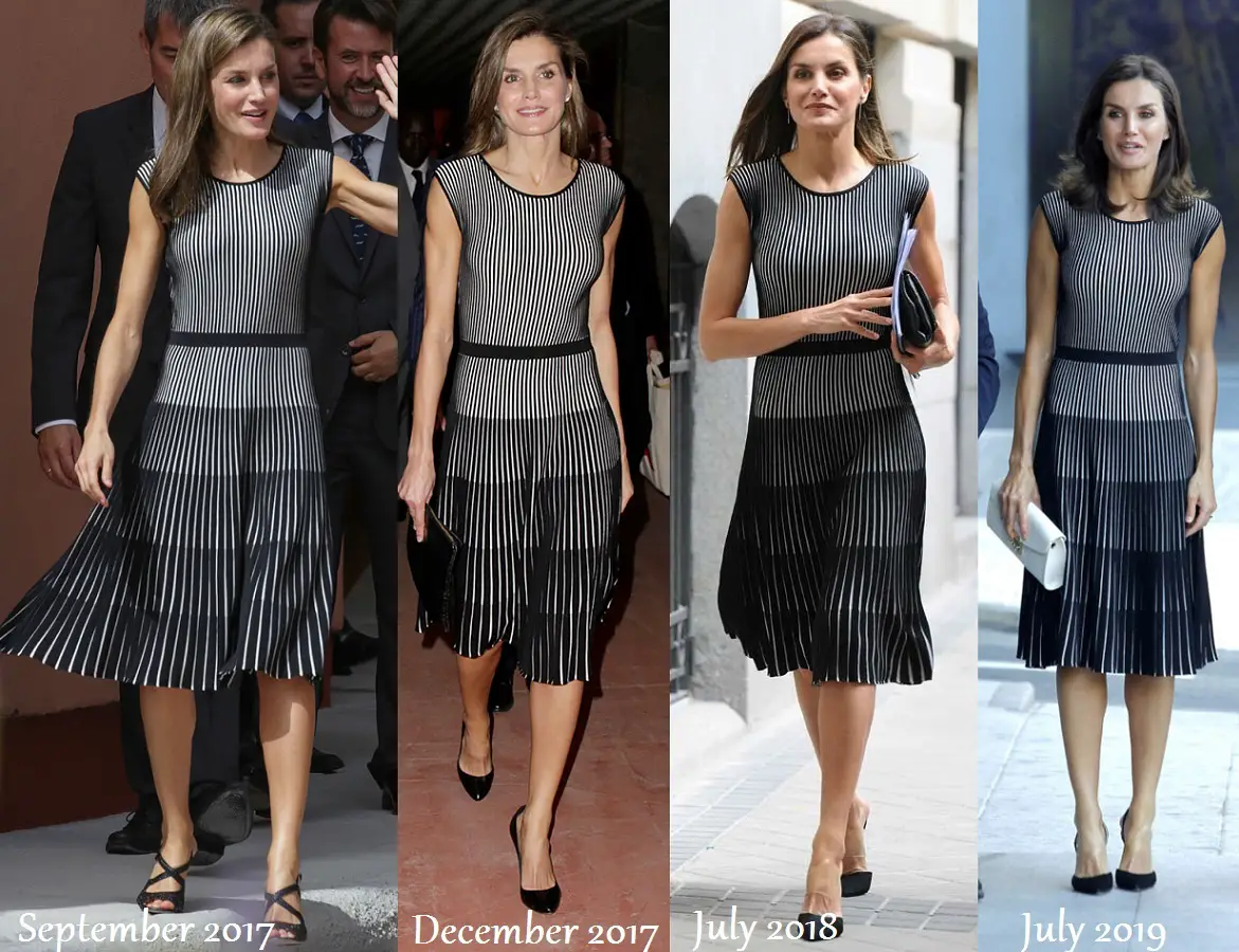 Queen Letizia in black and white striped Boss Franca dress for BBVA Meeting
