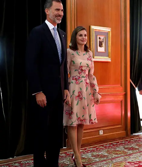 Queen Letizia in floral ensemble before Princess of Asturias award ceremony