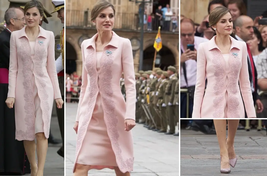 Queen Letizia of Spain in pink Coatdress for Flag Presentation in 2016