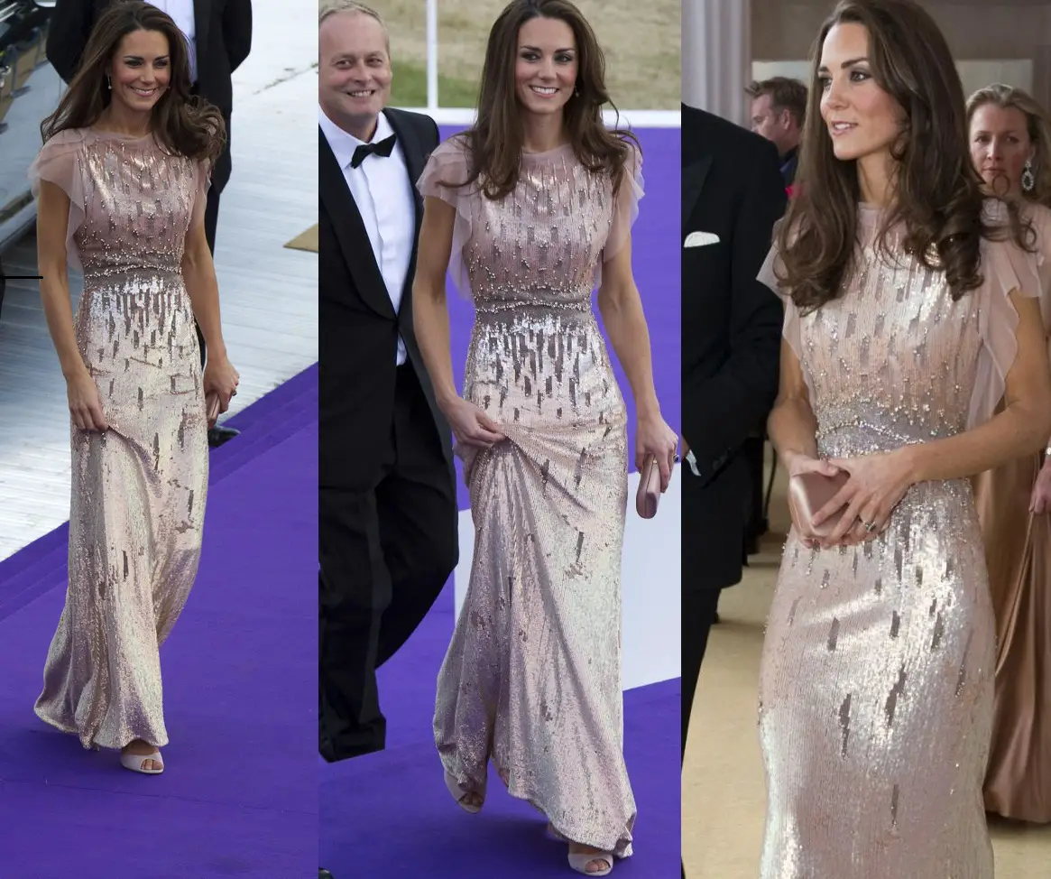 The Duchess of Cambridge wore floor-length blush pink rose sequin-embellished gown with crystal and bead detailing by Jenny Packham