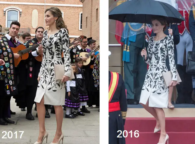 The dress featuring a black beaded floral motif was first worn by Letizia in 2016’s National Day Parade and also worn during the Cervantes Award ceremony in 2017.