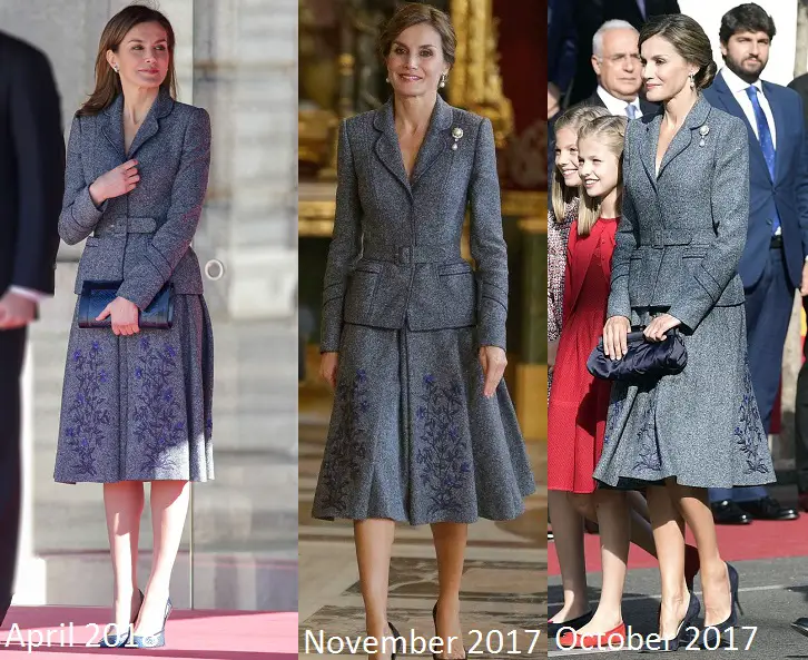 ueen Letizia chose Felipe Varela tweed skirt suit that she premiered at National Day Parade in October 2017. Queen again wore the piece for a council meeting in November 2017.