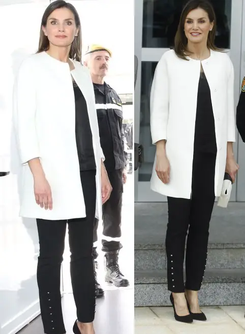 Queen Letizia debuted a white straight coat from Adolfo Domingue