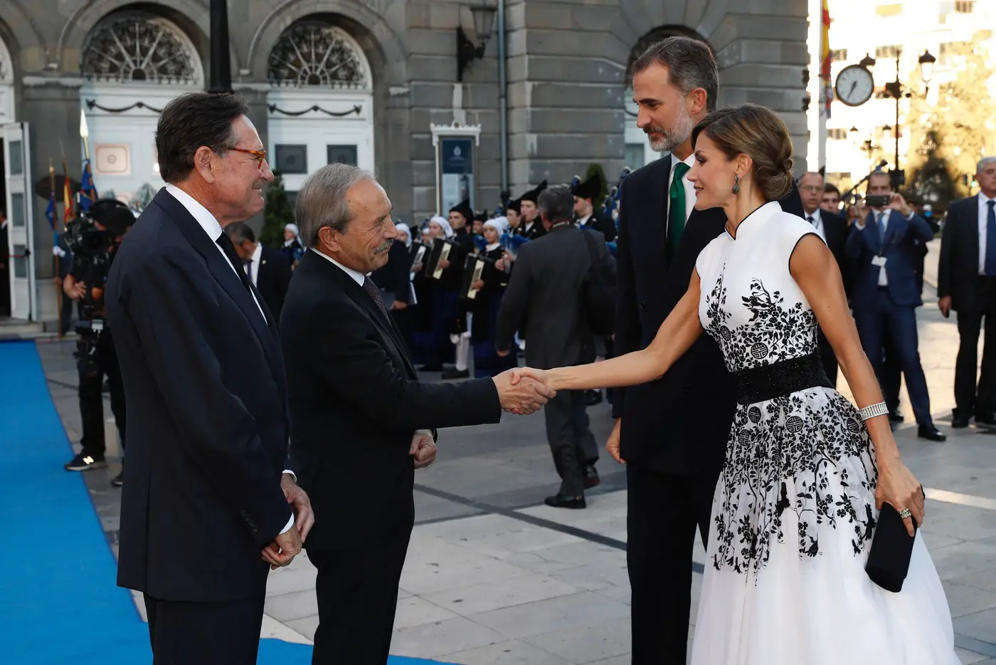 Queen Letizia of Spain wore White and black Felipe Varela dress at the 2017 Princess of Asturias Awards