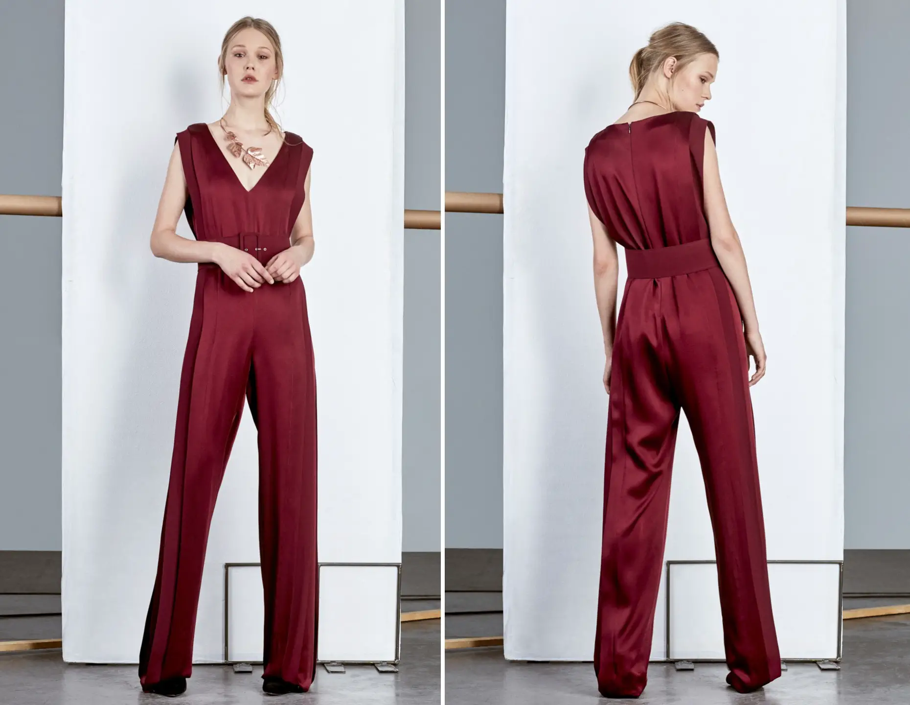 Queen Letizia Angel Schlesser burgundy silk jumpsuits
