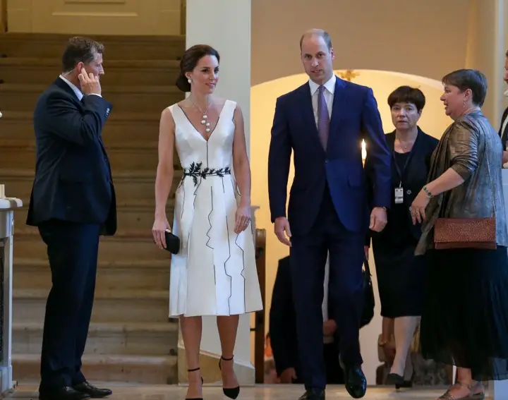 Duchess in edgy monochrome Polish dress for evening party during Poland Visit