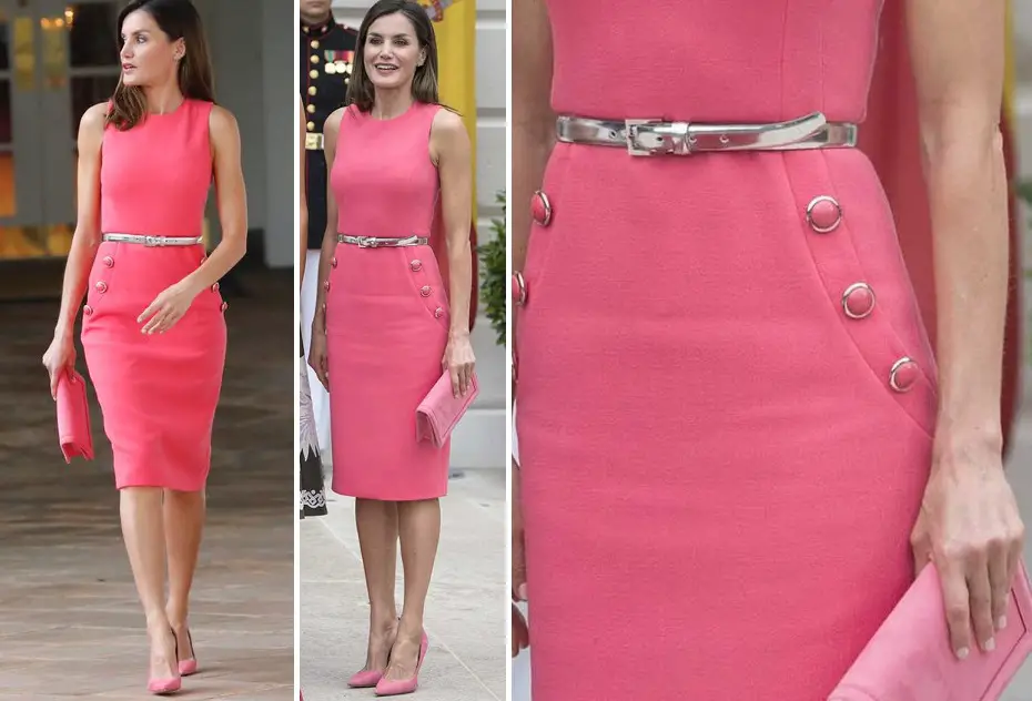 Queen Letizia wore Pink Embellished wool-blend bouclé midi dress from American Label Michael Kors.