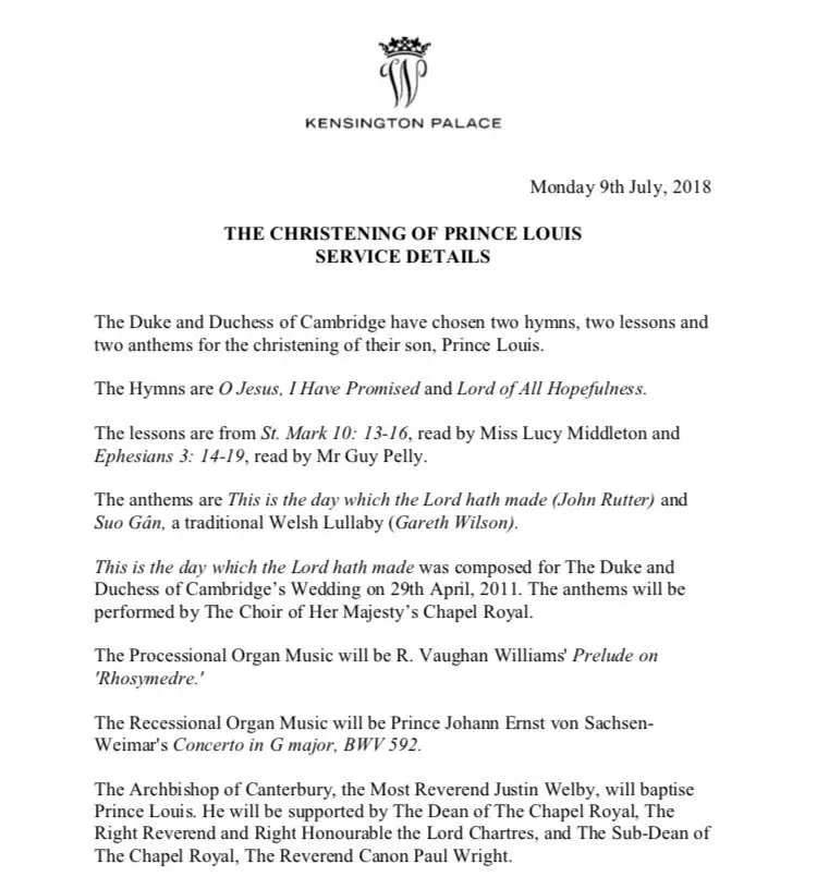 Details on the christening of Prince Louis