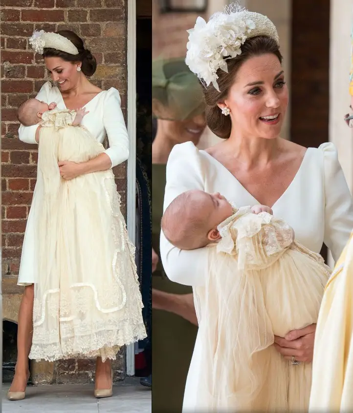 Duchess of Cambridge in Alexander McQueen custom dress for Prince Louis's Christening