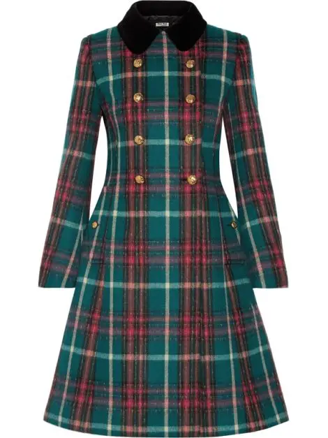 The Duchess of Cambridge wore Miu Miu Velvet-trimmed double-breasted tartan wool-blend peacoat in 2017 at Christmas service