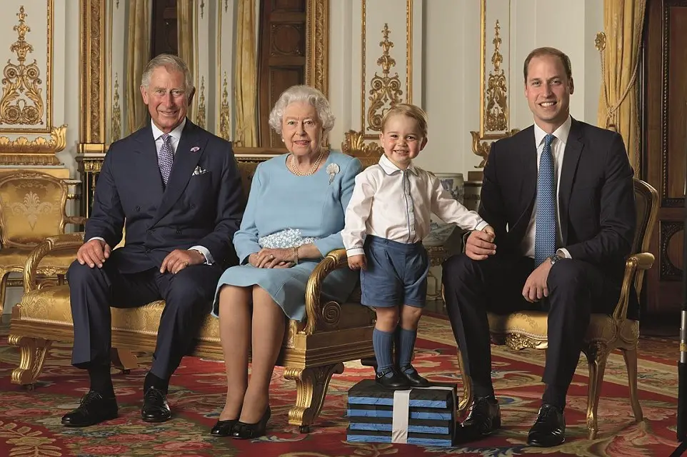 Queen Elizabeth II with her three heirs - Prince Charles of Wales, Prince William and Prince George 