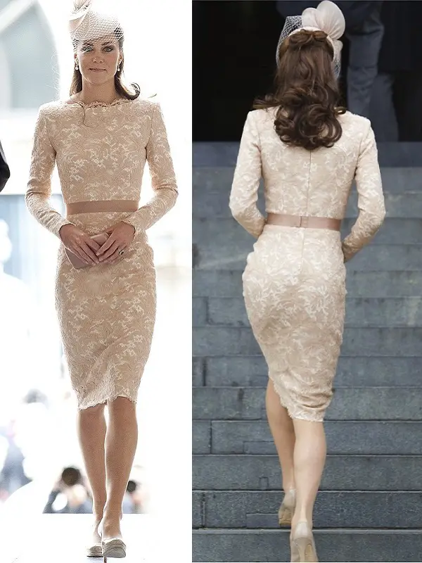 The Duchess of Cambridge wore Alexander McQueen Champagne Lace Dress in 2012