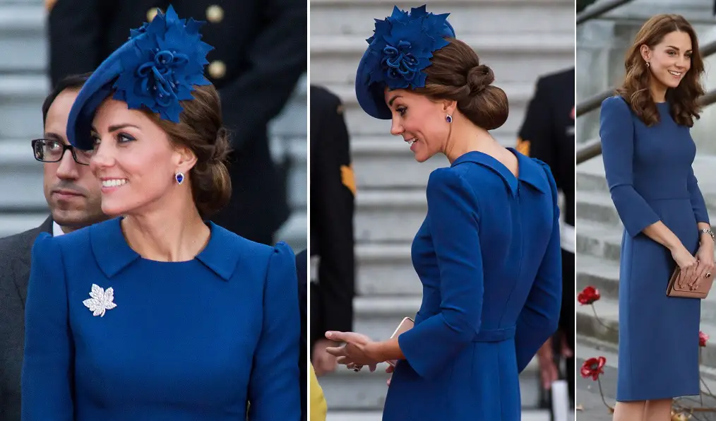 The Duchess of Cambridge looked gorgeous in blue tailored Jenny Packham dress during a visit to Imperial War Museum