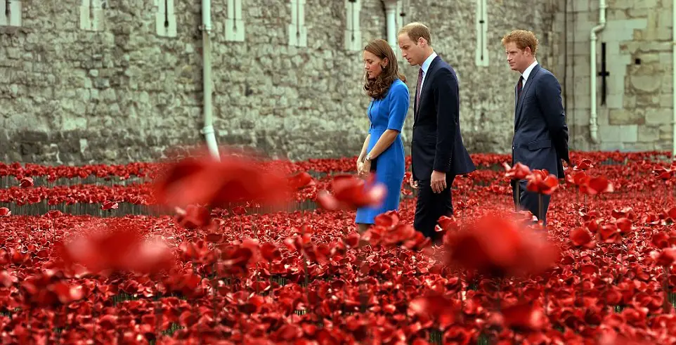 The Duke and Duchess of Cambridge with Prince Harry at Poppy field