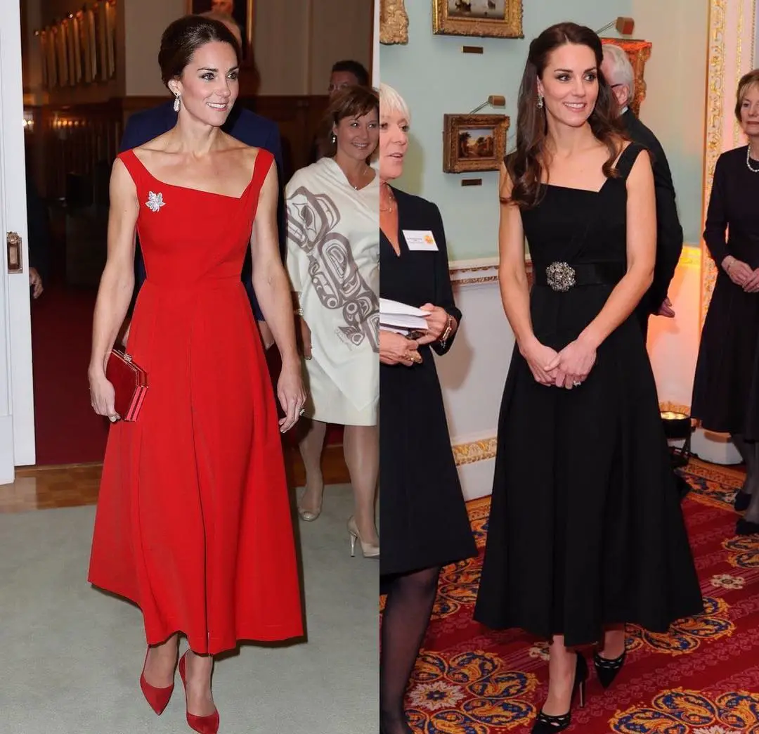 The Duchess of Cambridge wore red Finella Satin Midi Dress by Preen by Thornton Bregazzi