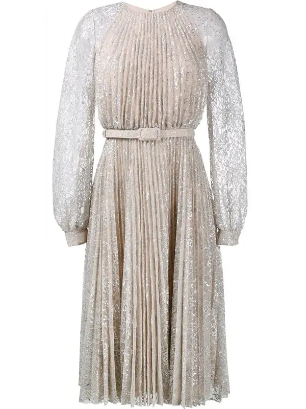 Erdem Rhona Long-Sleeve Pleated Lace Dress