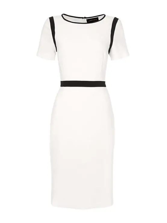 Jaeger Ivory Contrast Waistband Crepe Dress with Navy Trim