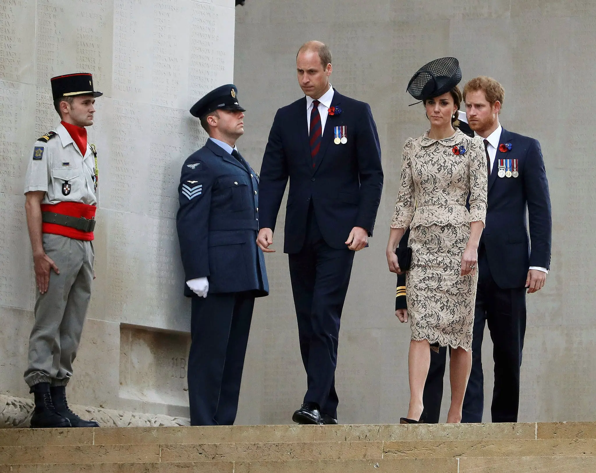 The Duchess of Cambridge wore a bespoke Jenny Packham Lace Sheath Dress when she attended  Commemoration of the Centenary of the Battle of the Somme at The Commonwealth War Graves Commission Thiepval Memorial on July 1, 2016 in Thiepval, France. 
