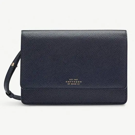 Smythson Panama cross-grained leather purse with strap