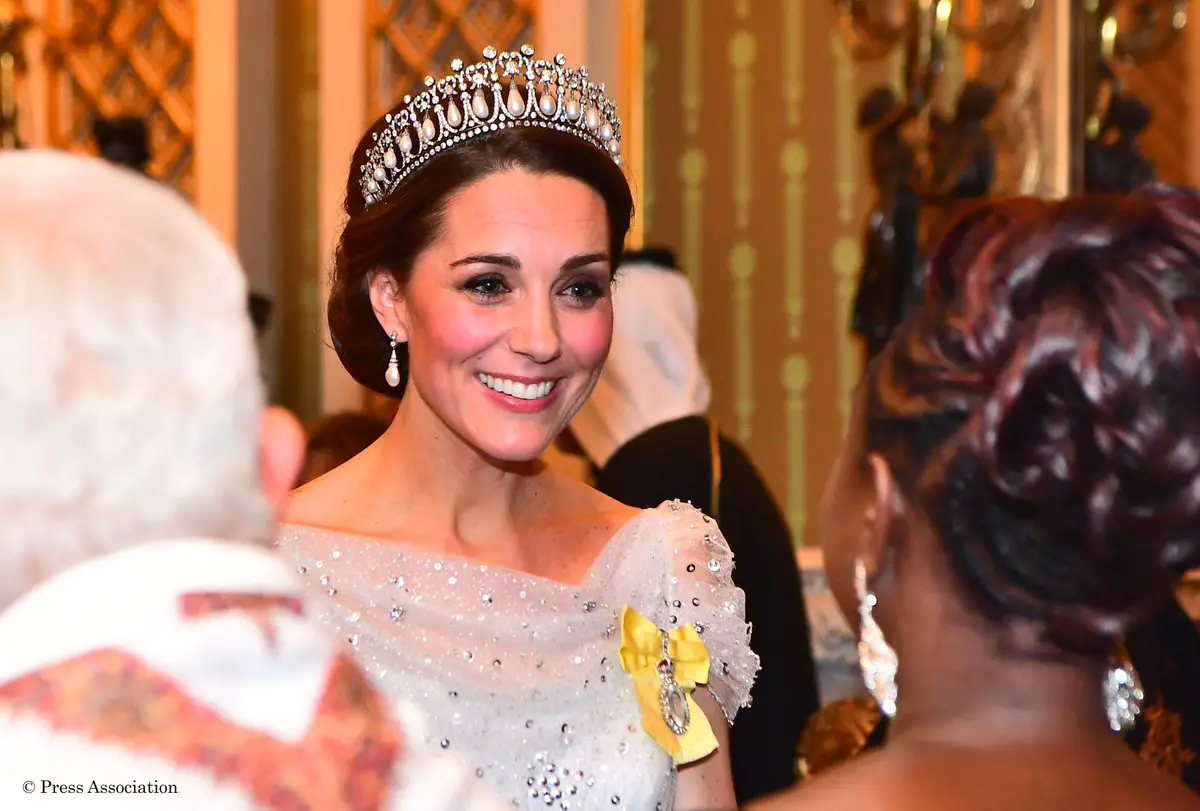 The Duchess of Cambridge in pale blue gown and Lover's Knot tiara for Annual Diplomatic Reception in 2018