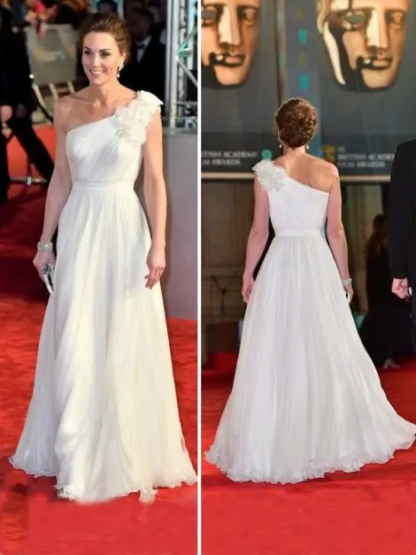 Duchess of Cambridge at BAFTA wearing ivory Alexander McQueen Off Shoulder Gown 1