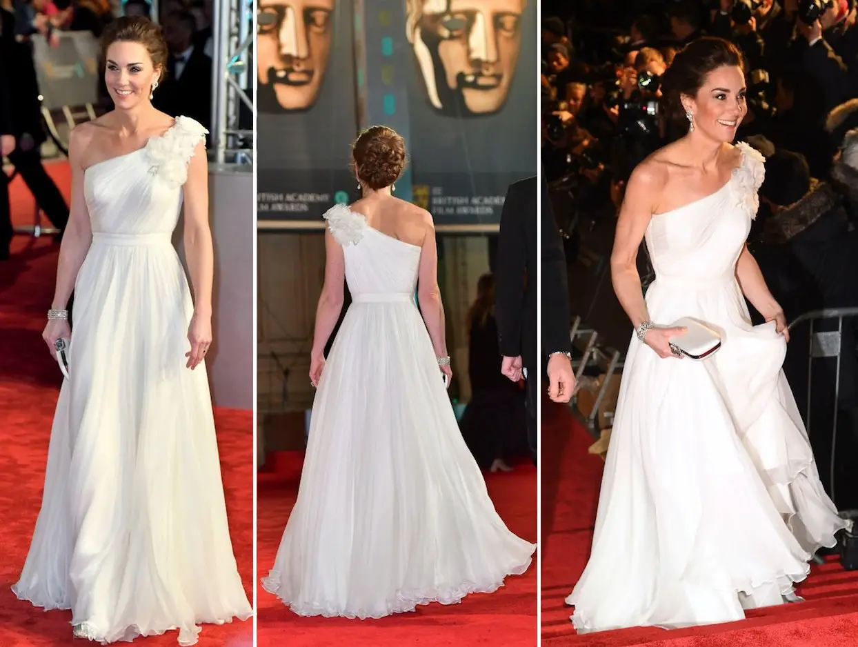 The Duchess of Cambridge was wearing ivory Alexander McQueen Off Shoulder Gown at BAFTA 2019