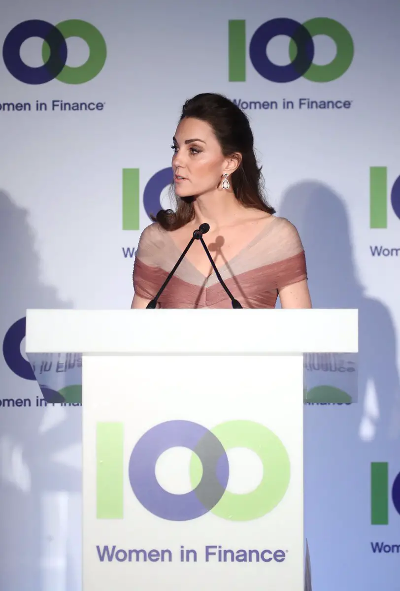 The Duchess of Cambridge wore Pink Gucci Gown with Kiki McDonough Earrings at the 100 Women in Finance Gala