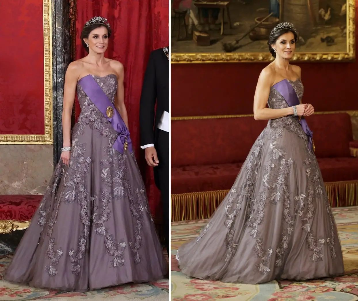 Letizia chose a beautiful gown last night that she first wore at the pre-wedding reception of Prince William and Catherine hosted by Queen Elizabeth II for the Royal Family guests from other Monarchies.
