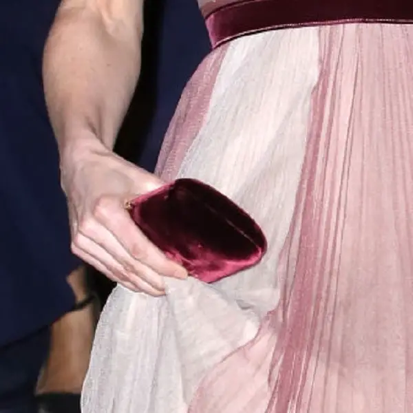 The Duchess of Cambridge carried Prada Burgundy Velvet Clutch at 100WF Gala Dinner with Gucci Gown