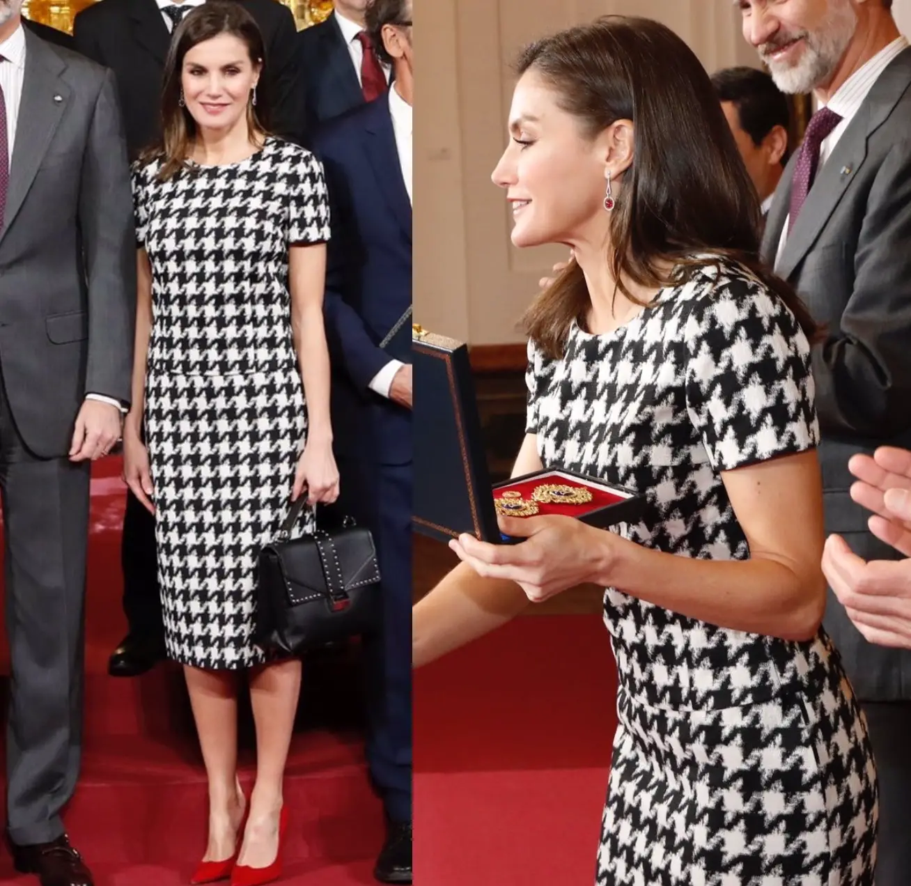 Queen Letizia of Spain wore Hugo Riami Houndstooth Pencil Skirt with Clady Houndstooth Top at the presentation of Gold Merits